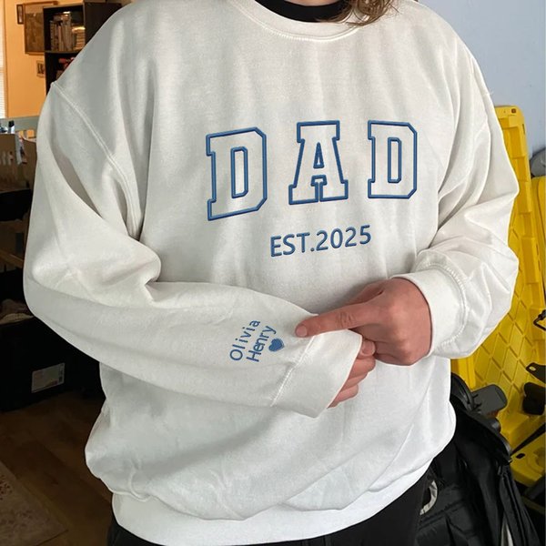 Personalised Faux Embroidered Dad T-Shirt Sweatshirt Hoodie with Est Year and Kid Names Father's Day Birthday Gift for Him