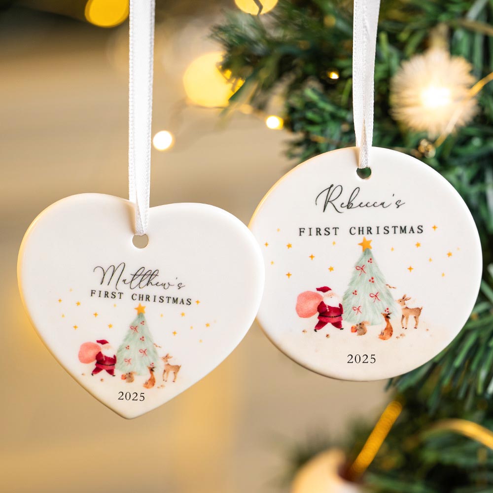 Ornement en Céramique Personnalisé avec Nom et Année Motif Père Noël Renne Cadeau Décoratif Premier Noël pour Bébé Garçon Fille
