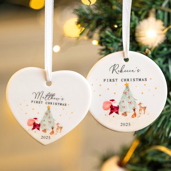 Personalized Gift-giving Santa Claus Reindeer Ceramic Ornament with Name and Year First Christmas Decor Gift for Baby Boys Girls