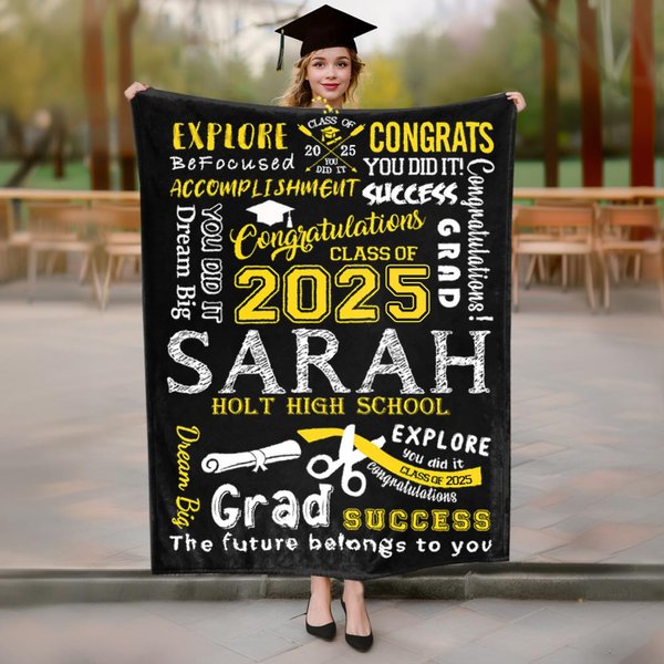 Personalized Graduation Inspiration Multicolor Soft Fleece Name Blanket with Year and School Name Class of 2025 Graduation Gift for Graduate