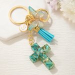 Personalized Gradient Butterfly Cross Charm Keychain with Initial and Tassel Prayer Religious Birthday Gift for Women Christian