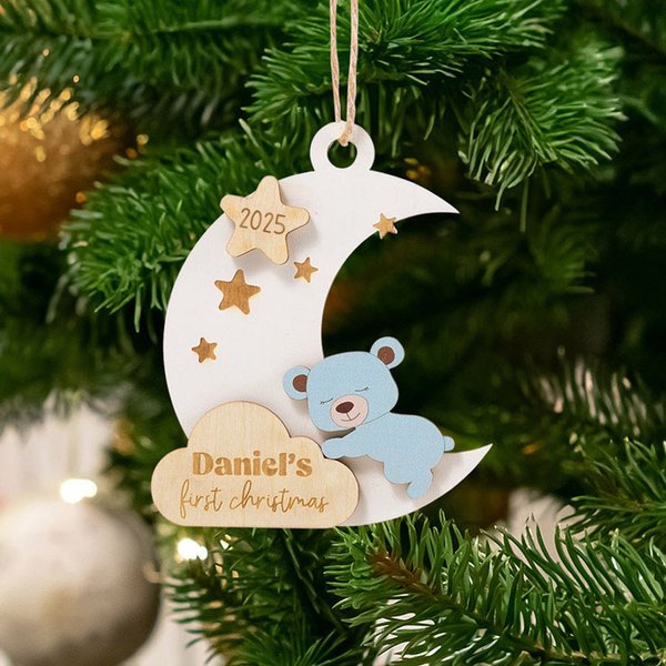 Gepersonaliseerd Sterren Maan Beer Baby's Eerste Kerst Ornament met Gegraveerde Naam Kerstboom Decor Cadeau voor Baby Jongen Meisje