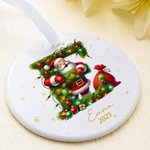 Personalized Santa Claus Woodland Initial Round Ceramic Christmas Ornament with Name & Year Christmas Tree Decor Gift for Family Friends