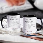 Personalized Parent - Child Hand in Hand 11oz Ceramic Coffee Mug with Name and Year Our First Mother's Day Father's Day Gift for Family