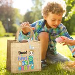 Gepersonaliseerde Schattige Expert Eierjager Cartoon Karakter Jute Tote Bag met Naam Party Favor Paasjacht Gift voor Jongens Meisjes