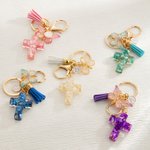 Personalized Gradient Butterfly Cross Charm Keychain with Initial and Tassel Prayer Religious Birthday Gift for Women Christian