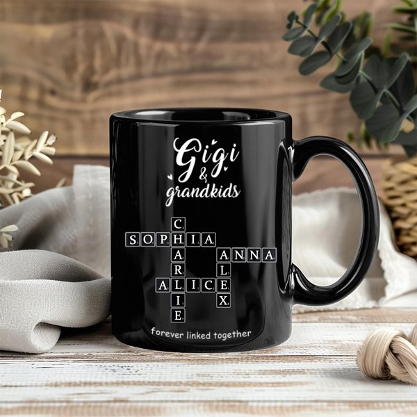 Personalized Family Forever Linked Together Crossword Puzzle 11 oz Ceramic Mug with 2-8 Names Birthday Housewarming Gift for Mom Grandma