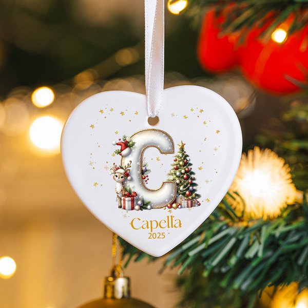 Personalized Reindeer Christmas Tree Initial Ceramic Christmas Ornament with Name and Year Christmas Decor Gift for Family Friends
