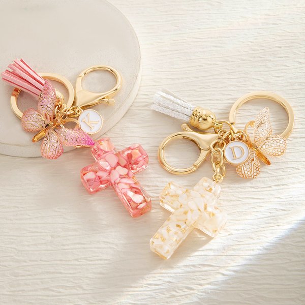 Personalized Gradient Butterfly Cross Charm Keychain with Initial and Tassel Prayer Religious Birthday Gift for Women Christian