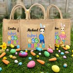 Gepersonaliseerde Schattige Expert Eierjager Cartoon Karakter Jute Tote Bag met Naam Party Favor Paasjacht Gift voor Jongens Meisjes