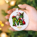 Personalized Santa Claus Woodland Initial Round Ceramic Christmas Ornament with Name & Year Christmas Tree Decor Gift for Family Friends