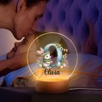 Gepersonaliseerd Schattig Konijntje Bloemen Voorletter LED Nachtlampje met Houten Voet en Naam Paasfeest Kamer Decoratie Cadeau voor Jongens Meisjes