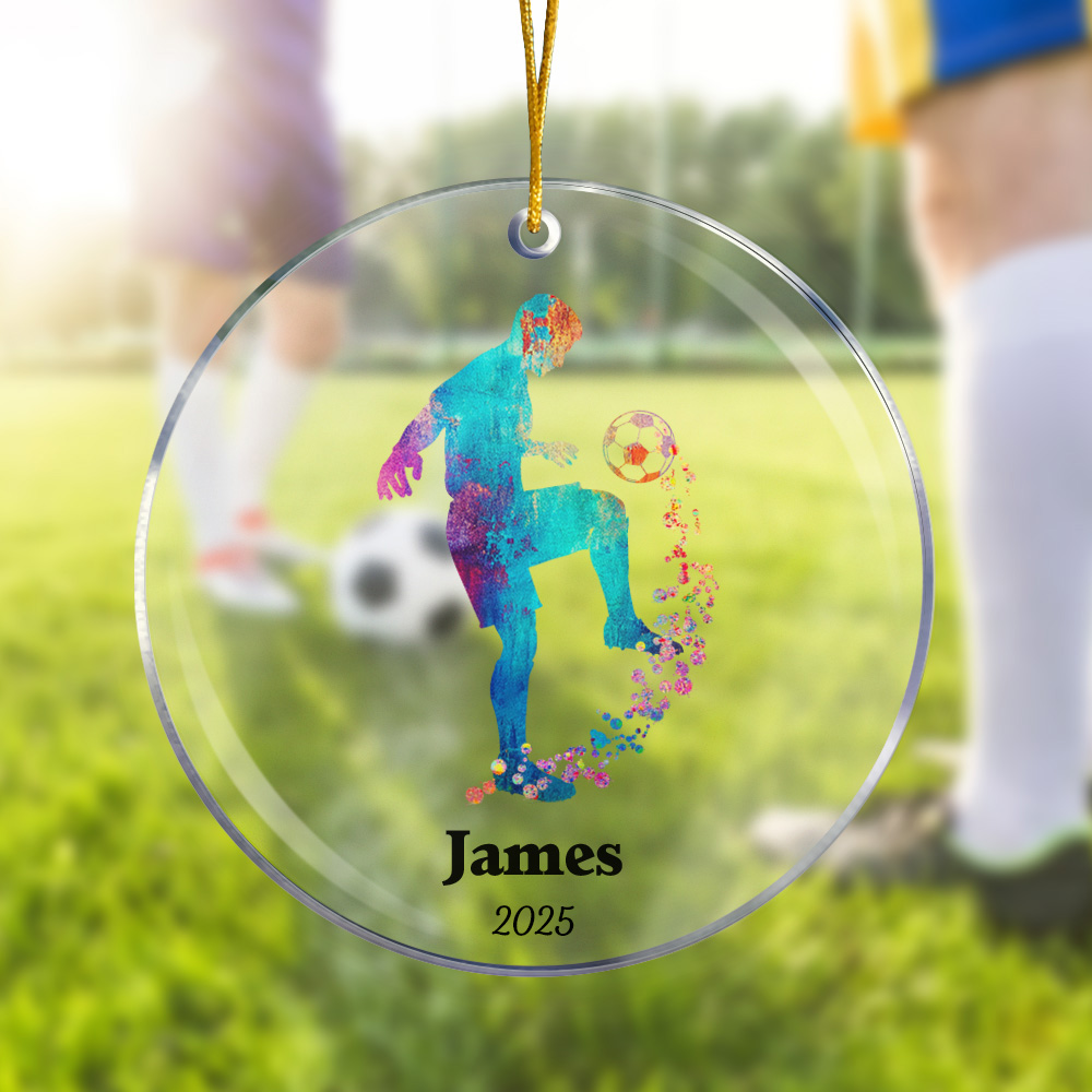 Ornement personnalisé en acrylique transparent avec nom et année Cadeau de Noël pour les amoureux du football