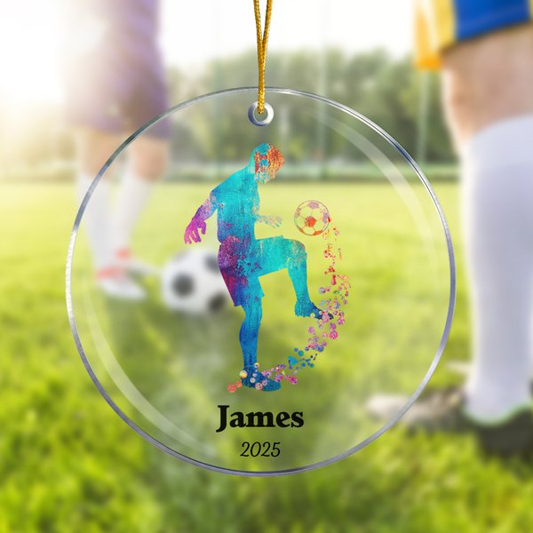Personalizzato Giocatore di calcio acquerello Silhouette acrilico chiaro Ornamento con nome e anno Albero di Natale Decor regalo sportivo per gli amanti del calcio