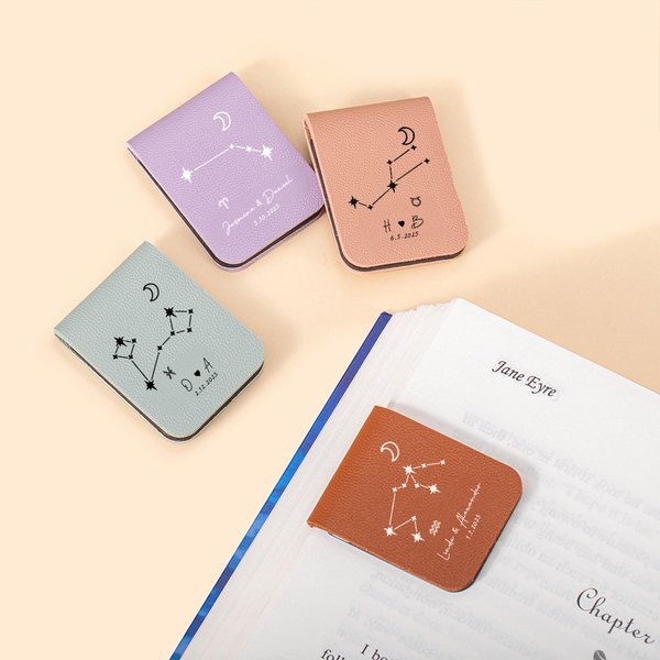 Personlig Zodiac Sign Design Magnetiskt läderbokmärkesklämma med graverat namn och initialer Födelsedagspresent för bokälskare Bokmal