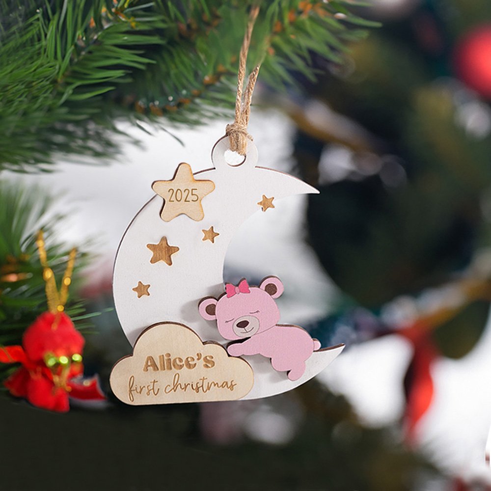 Ornamento natalizio personalizzato del bambino con nome, luna, stelle e orso