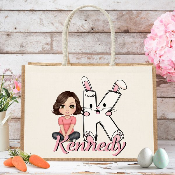 Personnalisé Cartoon Character Rabbit Chick Initial Large Jute Tote Bag with Name Eggs Hunting Party Favor Easter Gift for Boys Girls