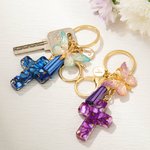 Personalized Gradient Butterfly Cross Charm Keychain with Initial and Tassel Prayer Religious Birthday Gift for Women Christian