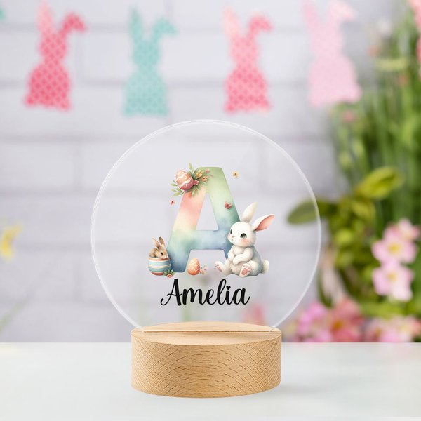 Lindo Conejito Personalizado con Inicial Floral LED Luz de Noche con Base de Madera y Nombre Pascua Fiesta Decoración de Habitación Regalo para Niños Niñas