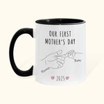 Personalized Parent - Child Hand in Hand 11oz Ceramic Coffee Mug with Name and Year Our First Mother's Day Father's Day Gift for Family