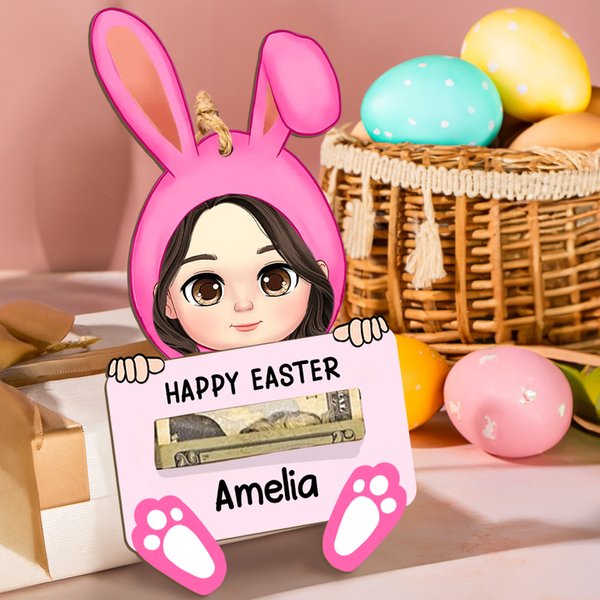 Personlig pengahållare i trä med namn för tecknad kaninfigur Påskkorgen fylls på Present till barn Vuxna