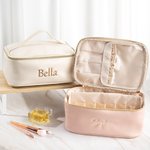 Personalised Simplicity Large Makeup Bag Embroidery Name Leather Cosmetic Bag Multiple Slots Travel Essentials Bridesmaid Shower Birthday Gift for Her