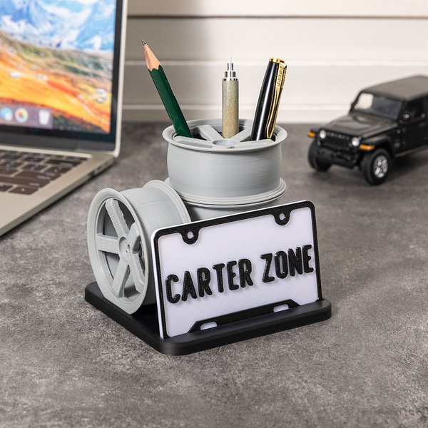Personalised 3D Printed Stacked Wheel Licence Plate Design Partitioned Pen Holder with Text Desk Organizer Office Accessories Gift for Car Lovers