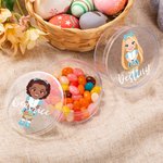 Personalizado lindo conejito de la muchacha de la historieta transparente redondo caramelo tratar caja con nombre cesta de vacaciones rellenos Pascua fiesta regalos para niños