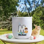 Personalized Bunny Initial Easter Egg Character Canvas Basket with Name Happy Easter Eggs Hunting Birthday Gift for Boys Girls