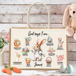 Personalized God Said I Am Cute Dream Job Bunny Bible Jute Tote Bag with Name and Canvas Pocket Easter Birthday Christian Gift for Kids