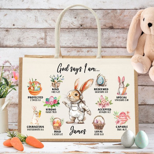 Personalized God Said I Am Cute Dream Job Bunny Bible Jute Tote Bag with Name and Canvas Pocket Easter Birthday Christian Gift for Kids