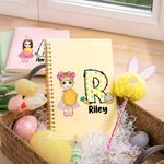 Personalized Cartoon Character Easter Egg Initial A5 Lined Page Spiral Notebook with Name and Bunny Pom Pen Easter Back to School Gift for Kids