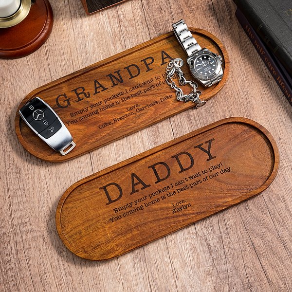 Personalized Empty Your Pockets Wooden Catchall Tray with Engraved Title and Name Desktop Storage Organizer Father's Day Birthday Gift for Men