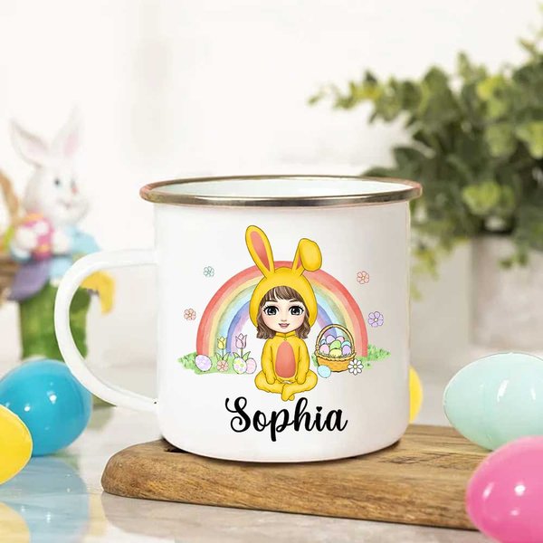 Personalized Bunny Costume Cartoon Character 11oz Enamel Mug with Name Easter Gift for Boys Girls
