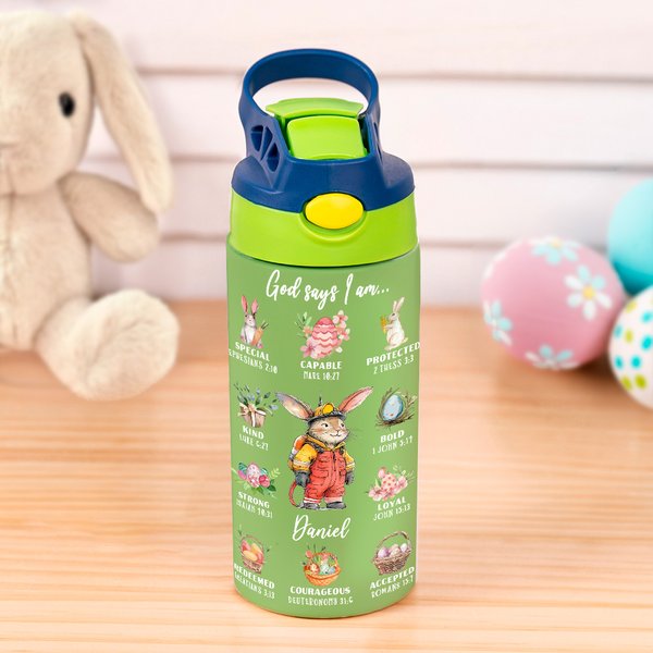 Personalized Multicolor Cute Rabbit Careers 12oz Insulated Kids Water Bottle with Handle and Straw Birthday Easter Gift for Boys Girls