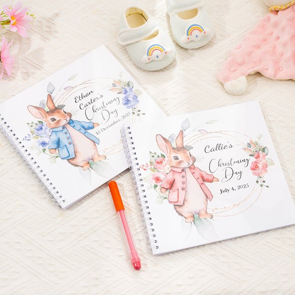 Personalised Floral Peter Rabbit Spiral Christening Guest Book with Clear PVC Linen Cover and 80 Blank Pages Baptism Memory Gift for New Parents