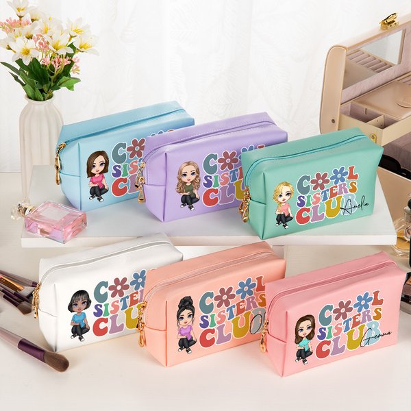 Personalized Cool Sisters Club Cartoon Character Leather Makeup Pouch Bag with Name Portable Travel Essentials Birthday Bridesmaid Gift for Women Girl