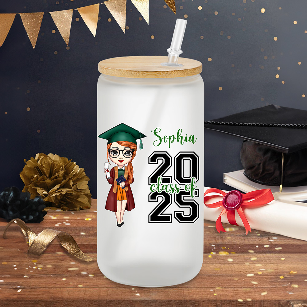 Personnalisé Classe 2025 Graduation Cartoon Character 20 oz Glass Cup with Name Birthday Graduation Gift for Graduates