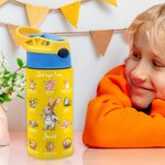 Personalized Multicolor Cute Rabbit Careers 12oz Insulated Kids Water Bottle with Handle and Straw Birthday Easter Gift for Boys Girls