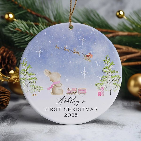 Personalizzato primo Natale carino coniglietto ornamento in ceramica con nome stampa su entrambi i lati albero decorazione festa regalo per neonato