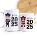 Personalisierte 2025 Cartoon Graduate Charakter Keramik 11oz 15oz Kaffeebecher mit Namen Home Decor Graduation Keepsake Geschenk für Frauen Männer