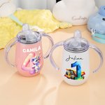 Personalized Fantasy Digital Unicorn Dinosaur Vehicle 10oz Insulated Name Sippy Cup with Lid and Handle Birthday Baby Shower Gift for Toddler Kids