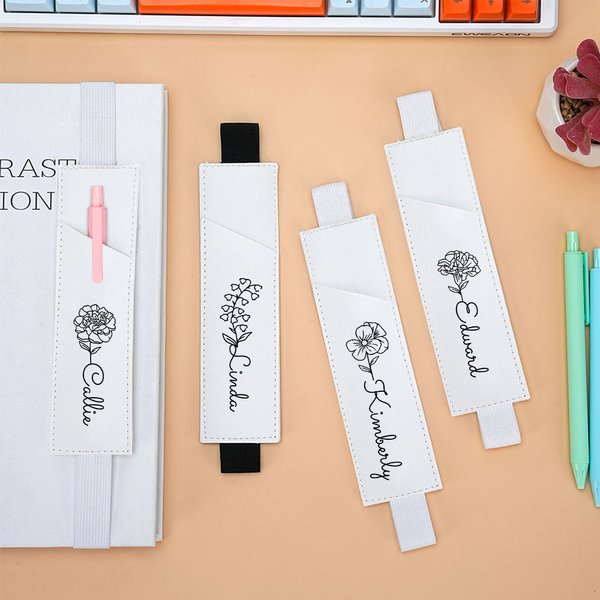Personalised Birth Flower Name Leather Bookmark Band with Pen Pocket Reading Accessory Birthday Gift for Bookworms