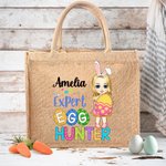 Gepersonaliseerde Schattige Expert Eierjager Cartoon Karakter Jute Tote Bag met Naam Party Favor Paasjacht Gift voor Jongens Meisjes