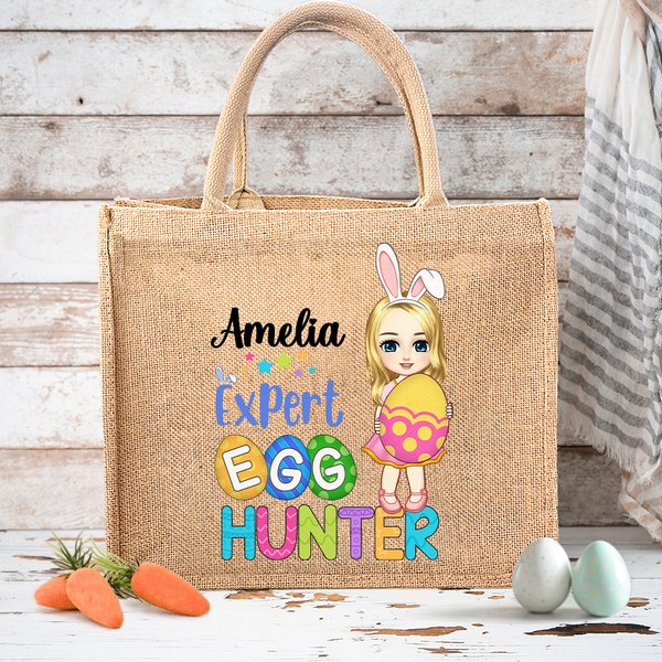 Personalized Cute Expert Egg Hunter Cartoon Character Jute Tote Bag with Name Party Favor Easter Hunting Gift for Boys Girls