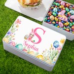Personalized Cartoon Bunny Boy Girl Floral Eggs Food-Grade Biscuit Storage Tin Box with Initial Name Easter Party Favors Birthday Gift for Kids