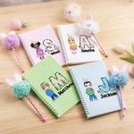 Personalized Cartoon Character Easter Egg Initial A5 Lined Page Spiral Notebook with Name and Bunny Pom Pen Easter Back to School Gift for Kids