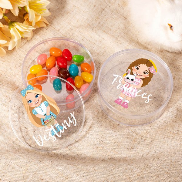 Personalized Cute Cartoon Girl Bunny Clear Round Candy Treat Box with Name Holiday Basket Stuffers Easter Party Favors Gift for Kids