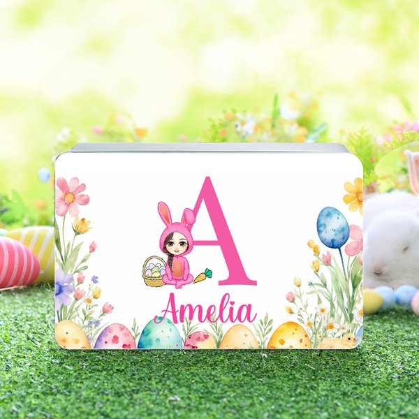 Personalized Cartoon Bunny Boy Girl Floral Eggs Food-Grade Biscuit Storage Tin Box with Initial Name Easter Party Favors Birthday Gift for Kids