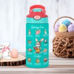 Personalized Multicolor Cute Rabbit Careers 12oz Insulated Kids Water Bottle with Handle and Straw Birthday Easter Gift for Boys Girls
